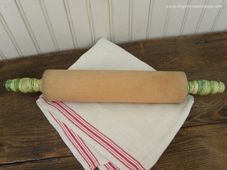 Vintage Wooden Rolling Pin with Jadite Green and Cream Handles Hot on Sale