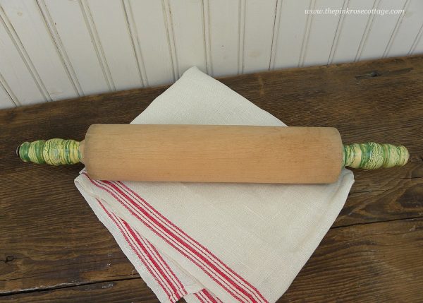 Vintage Wooden Rolling Pin with Jadite Green and Cream Handles Hot on Sale