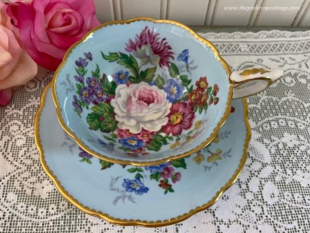 Vintage Royal Stafford Teacup and Saucer Cottage Roses on Blue Online now