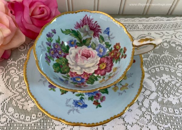 Vintage Royal Stafford Teacup and Saucer Cottage Roses on Blue Online now