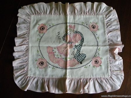 1930 s Vintage Vogart Tinted and Embroidered Pillow Cover Girl Reading Book Sale